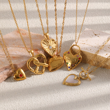 Colliers pendentifs pour femmes en forme de cœur, en acier inoxydable étanche, couleur or et zircon. 2