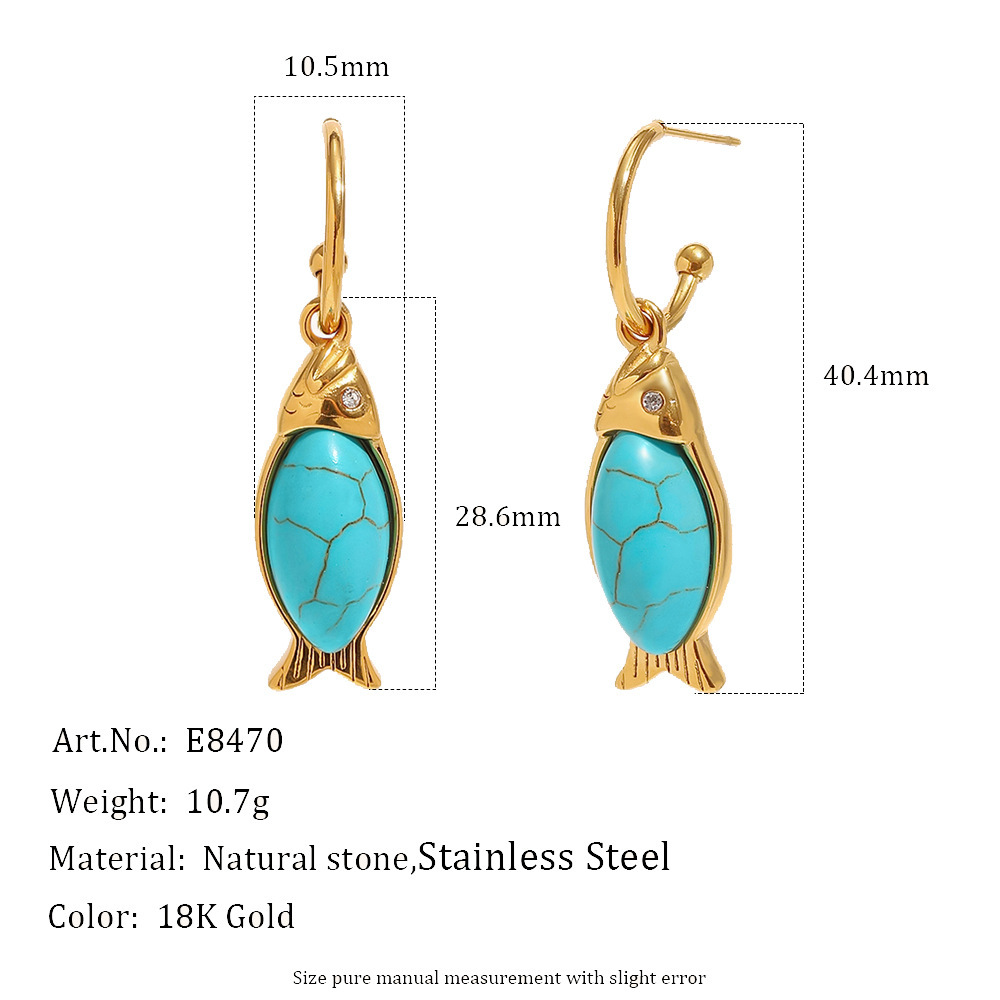 Boucles D'Oreilles Pendantes Pour Femme, Style Rétro, En Acier Inoxydable, Couleur Or, Avec Pierre Naturelle, Style Poisson, Série Simple. 