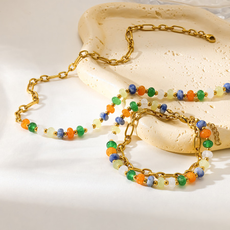 Ensembles de bijoux pour femmes Simple Series Retro Patchwork Beads en acier inoxydable étanche couleur or