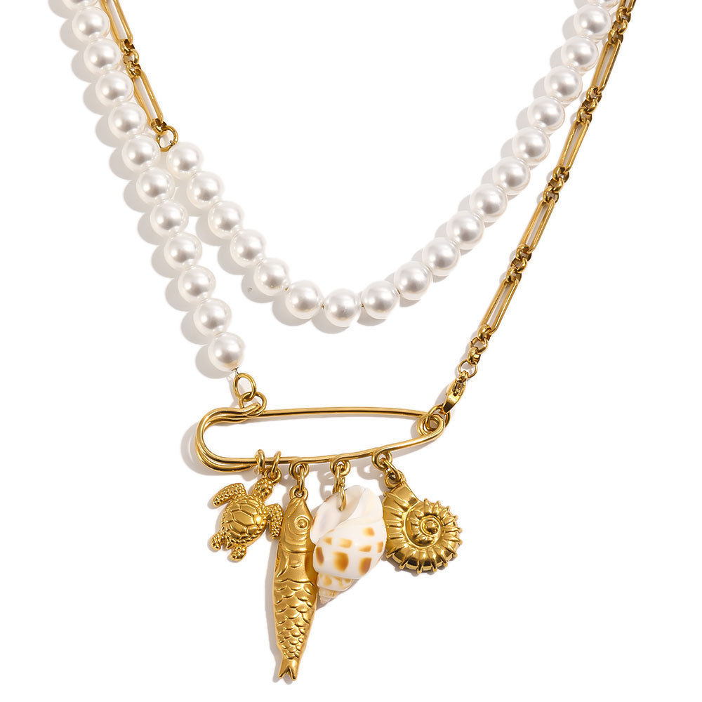 Collier Long Pour Femme, En Acier Inoxydable, Couleur Or, Orné De Perles Romantiques Et De Fils De Coquillage. Image3