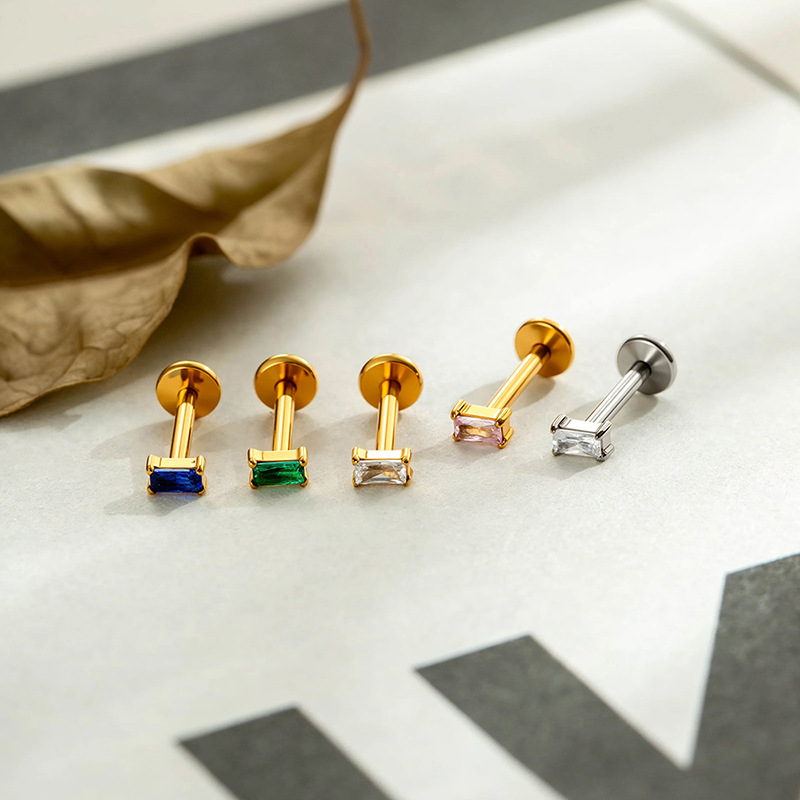 Boucles D'Oreilles Piercing Pour Femmes, En Alliage De Titane Rectangulaire, Couleur Or, Avec Zircon, Collection Simple Series h5Image4