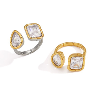 Bagues Pour Femmes En Acier Inoxydable Doré, Étanches, De Forme Géométrique Simple Et Luxueuse, Serties De Zircon Et Ornées De Zircon. Collection Luxueuse. h5 Image5