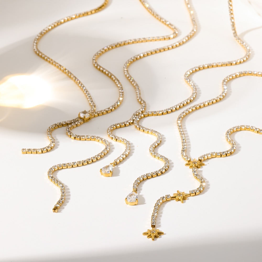 Colliers À Maillons Pour Femmes, Luxueux, En Acier Inoxydable, Couleur Or, Étanches, Avec Strass, Forme Allongée Et Lignes Harmonieuses. Image4