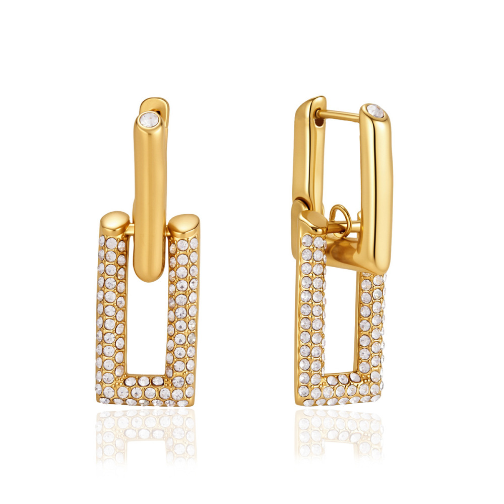 Boucles D'Oreilles Pendantes Pour Femme, Simples, Rectangulaires, En Acier Inoxydable, Étanches, Couleur Or, Ornées De Strass. Image5