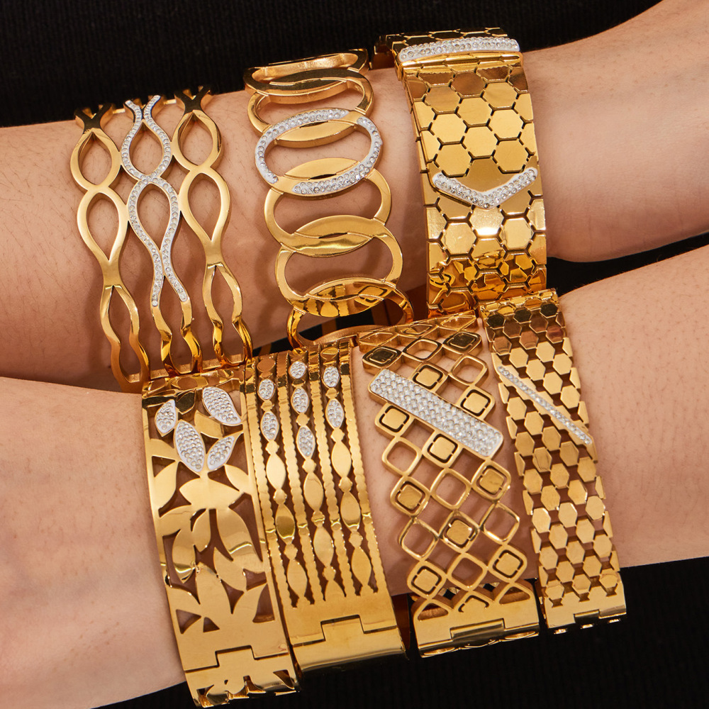 Bracelets Pour Femmes En Acier Inoxydable Imperméables, Luxueux, De Forme Géométrique Circulaire Ajourée, Style Hip-Hop/Rock h5Image3