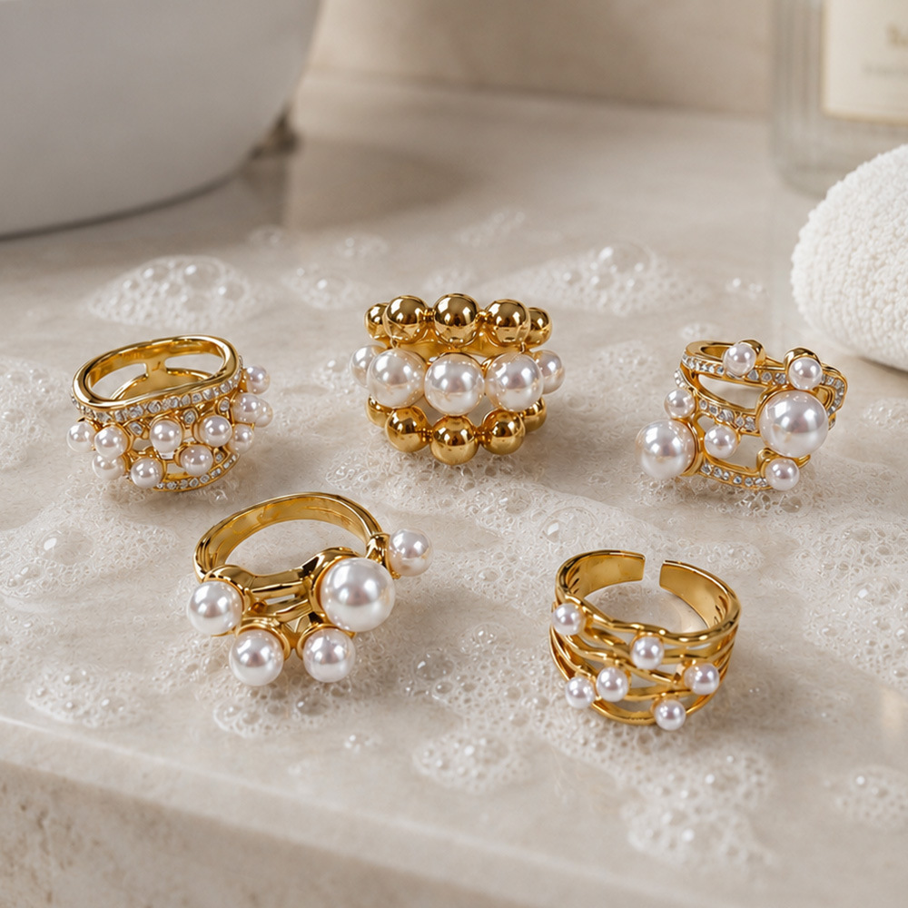 Bagues Pour Femmes En Acier Inoxydable Doré, Forme Irrégulière, Ornées De Perles Artificielles, Collection Luxe. Image3
