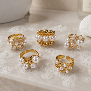 Bagues Pour Femmes En Acier Inoxydable Doré, Forme Irrégulière, Ornées De Perles Artificielles, Collection Luxe. h5 Image3