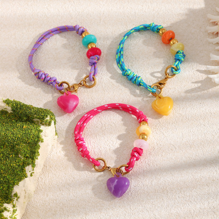 Bracelets tressés pour femmes, collection romantique, en résine avec cœur et corde tressée. 2