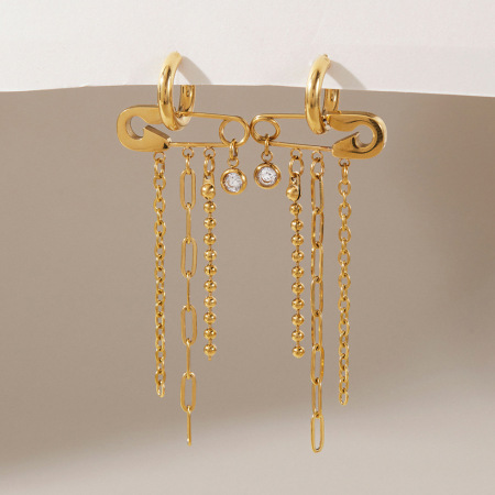 Boucles d'oreilles pendantes élégantes à pompon en acier inoxydable, étanches, couleur or et zircon, pour femme, collection Luxueuse.