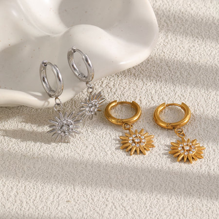 Boucles d'oreilles pendantes pour femme, style rétro soleil, en acier inoxydable, étanches, couleur or, ornées de strass. 2