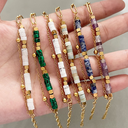 Bracelets pour femmes en perles, acier inoxydable, imperméables, couleur or, avec pierres naturelles. 2