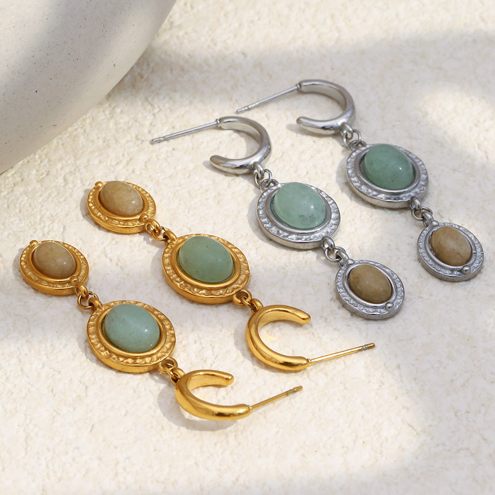 Boucles D'Oreilles Pendantes Pour Femme, Forme Elliptique Patchwork Simple, Acier Inoxydable, Couleur Or, Imperméables, Avec Pierre Naturelle Image3