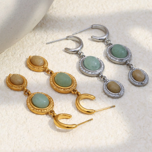 Boucles D'Oreilles Pendantes Pour Femme, Forme Elliptique Patchwork Simple, Acier Inoxydable, Couleur Or, Imperméables, Avec Pierre Naturelle h5 Image3
