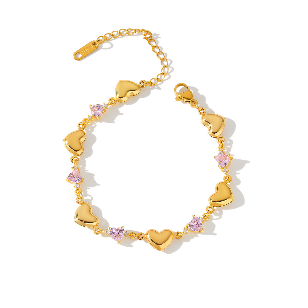 Bracelet Chaîne Femme En Acier Inoxydable Imperméable, Orné De Zircon Et De Motifs Patchwork Cœur Romantique h5Image5
