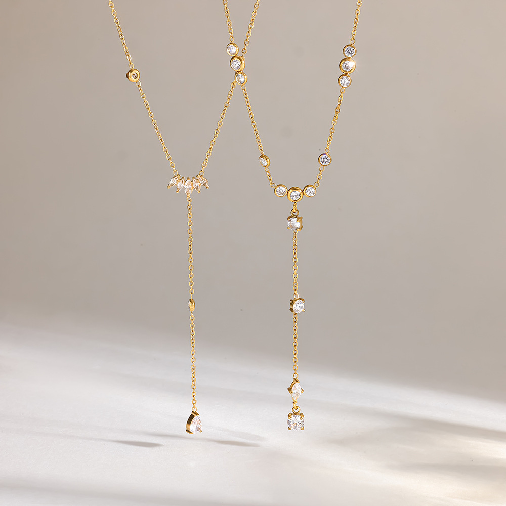 Colliers À Maillons Pour Femmes, En Acier Inoxydable, Couleur Or, Avec Pompon Et Zircon, Collection Simple Series Daily Tassel Image3