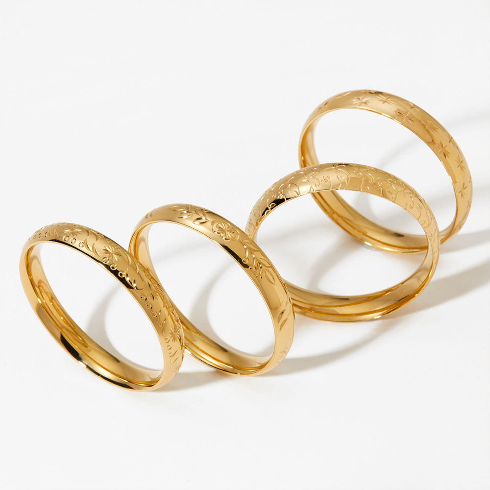 Bracelet Jonc Pour Femme Simple Series Retro Plant Circle En Acier Inoxydable Étanche Couleur Or Image4