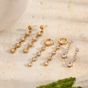 Boucles D'Oreilles Pendantes Pour Femme, Collection Luxuious Series Simple Patchwork, En Acier Inoxydable Étanche, Couleur Or. h5 Image3
