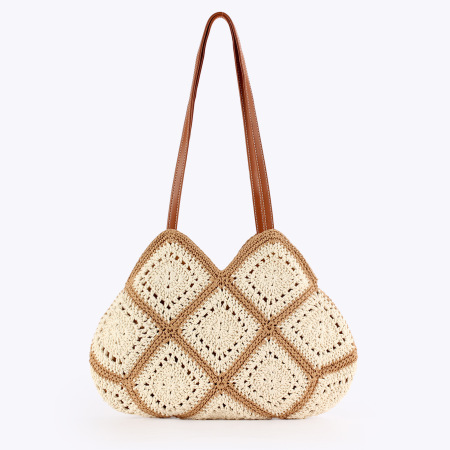 Sac rond en coton tissé à motifs géométriques ajourés, style vacances, de couleur assortie
