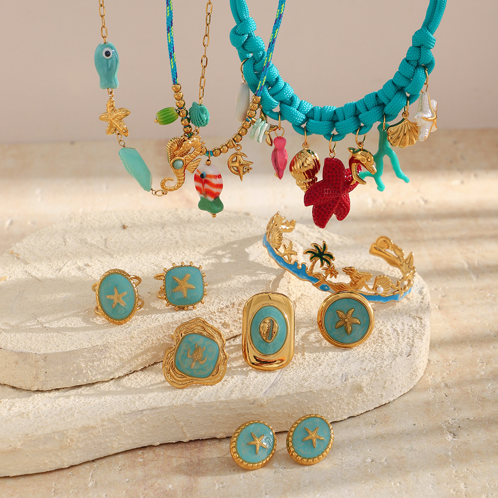 Ensembles De Bijoux Pour Femmes En Acier Inoxydable Doré, Style Océan Romantique, Motif Étoile De Mer Et Étoiles De Mer Image2
