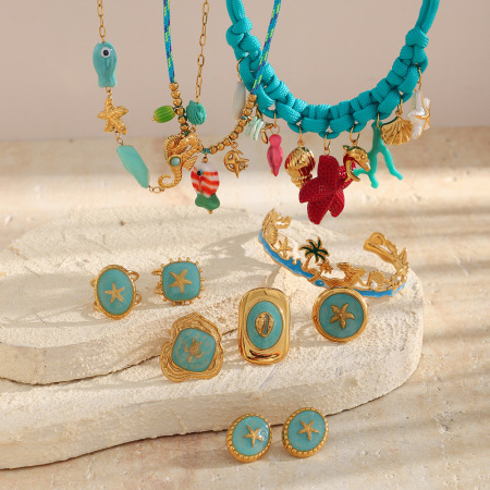 Ensembles de bijoux pour femmes en acier inoxydable doré, style océan romantique, motif étoile de mer et étoiles de mer 2