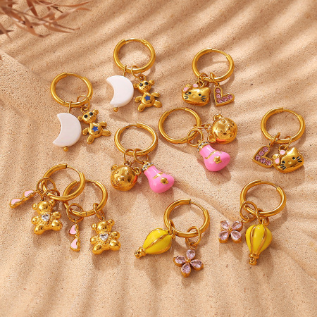 Boucles d'oreilles pendantes pour femme, motif fleurs et animaux, en acier inoxydable étanche, couleur or. 2