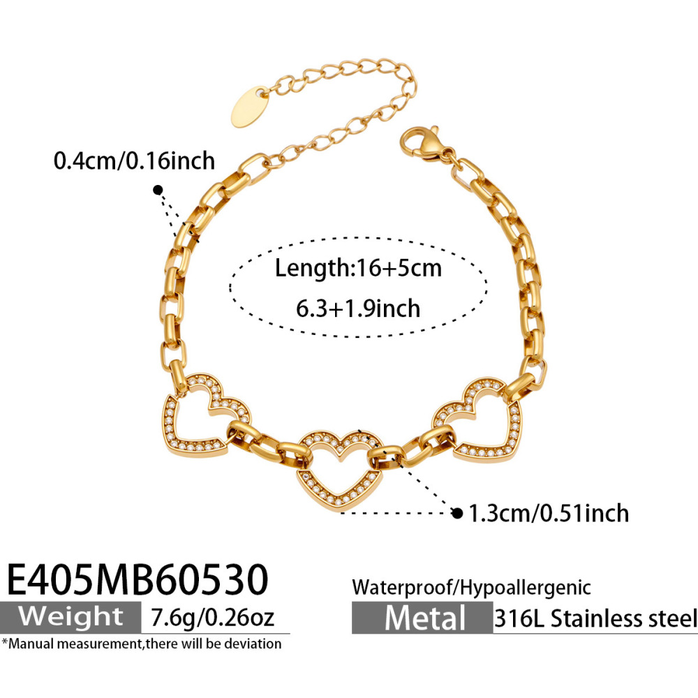 Bracelet Chaîne Femme En Acier Inoxydable Imperméable Avec Zircon Et Patchwork Romantique En Forme De Cœur