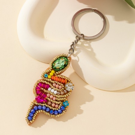 Porte-clés ethnique bohème en perles multicolores et strass, alliage et or. 2