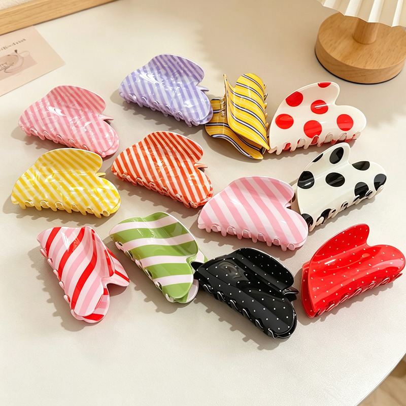 Pinces À Cheveux En Pvc De Couleur Mélangée, Motif Cœurs, Rayures Et Pois, Collection Romantique Image3