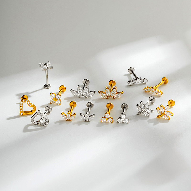 Boucles D'Oreilles Piercing Pour Femme, Style Simple, En Acier Inoxydable, Avec Cœur Et Papillon, Couleur Or, En Zircon. Image3
