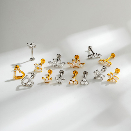 Boucles d'oreilles piercing pour femme, style simple, en acier inoxydable, avec cœur et papillon, couleur or, en zircon. 2