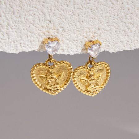 Boucles d'oreilles pendantes pour femme, collection romantique Sweet Heart Angel, en acier inoxydable étanche, couleur or et zircon.