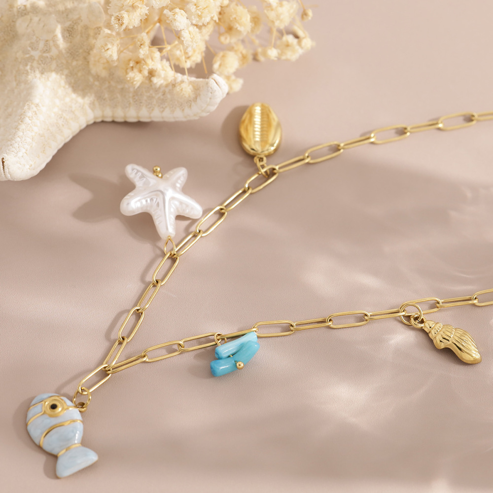 Colliers Pendentifs Pour Femmes, Style Océanique, En Acier Inoxydable Émaillé, Couleur Or, Avec Poissons Image2