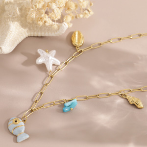 Colliers Pendentifs Pour Femmes, Style Océanique, En Acier Inoxydable Émaillé, Couleur Or, Avec Poissons h5 Image2