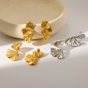 Boucles D'Oreilles Puces Pour Femmes En Acier Inoxydable, Forme Feuille, Couleur Or, Étanches h5 Image2