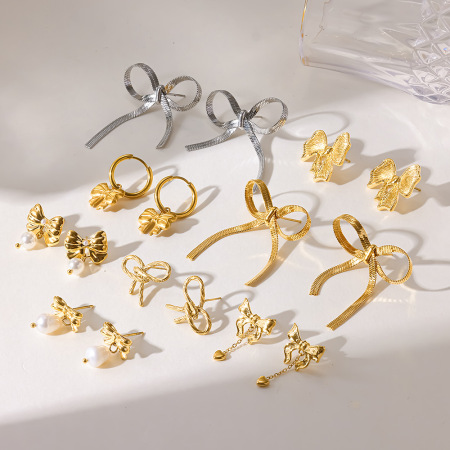 Boucles d'oreilles puces pour femmes, style nœud papillon géométrique, en acier inoxydable étanche, collection Simple Series Daily. 2