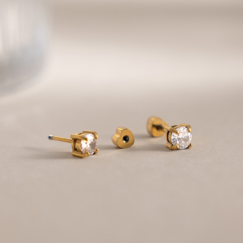 Boucles D'Oreilles Pour Femmes En Acier Inoxydable Imperméable, Forme Géométrique Simple, Couleur Or, Zircon. Image5