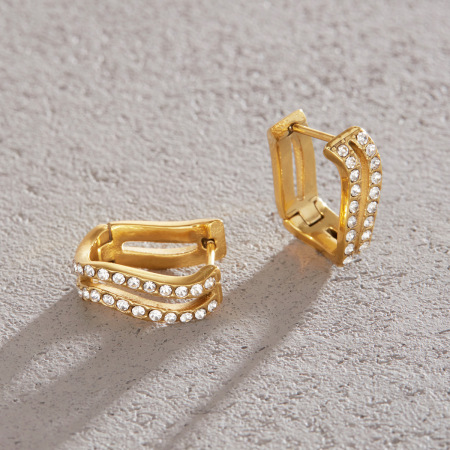Boucles d'oreilles créoles simples en acier inoxydable ajouré, étanches, couleur or, ornées de strass, pour femmes