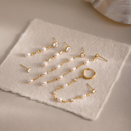 Boucles d'oreilles pendantes élégantes pour femme, en acier inoxydable, imperméables, couleur or, avec zircon et perles artificielles. 2