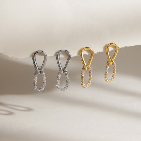 Boucles d'oreilles pendantes pour femme, luxueuses et originales, en acier inoxydable imperméable, couleur or, ornées de zircon. Forme irrégulière et patchwork. 2