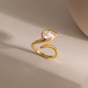 Bague Pour Femme En Acier Inoxydable Étanche Couleur Or, Forme De Goutte Simple, Sertie De Zircon. h5 Image2