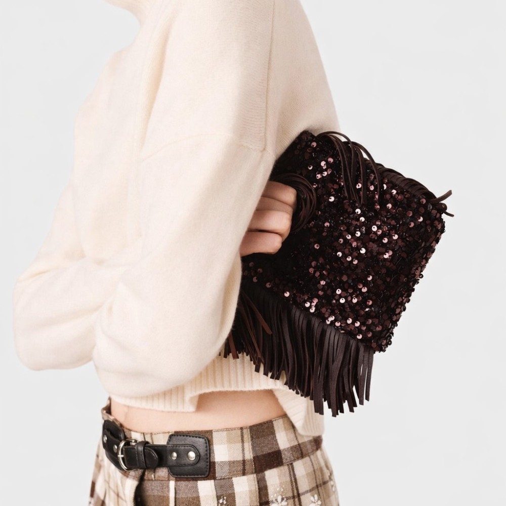 Sac Carré Pour Femme En Pu De Qualité Supérieure, Style Soirée, À Pampilles Et Sequins, Couleur Unie. h5Image2