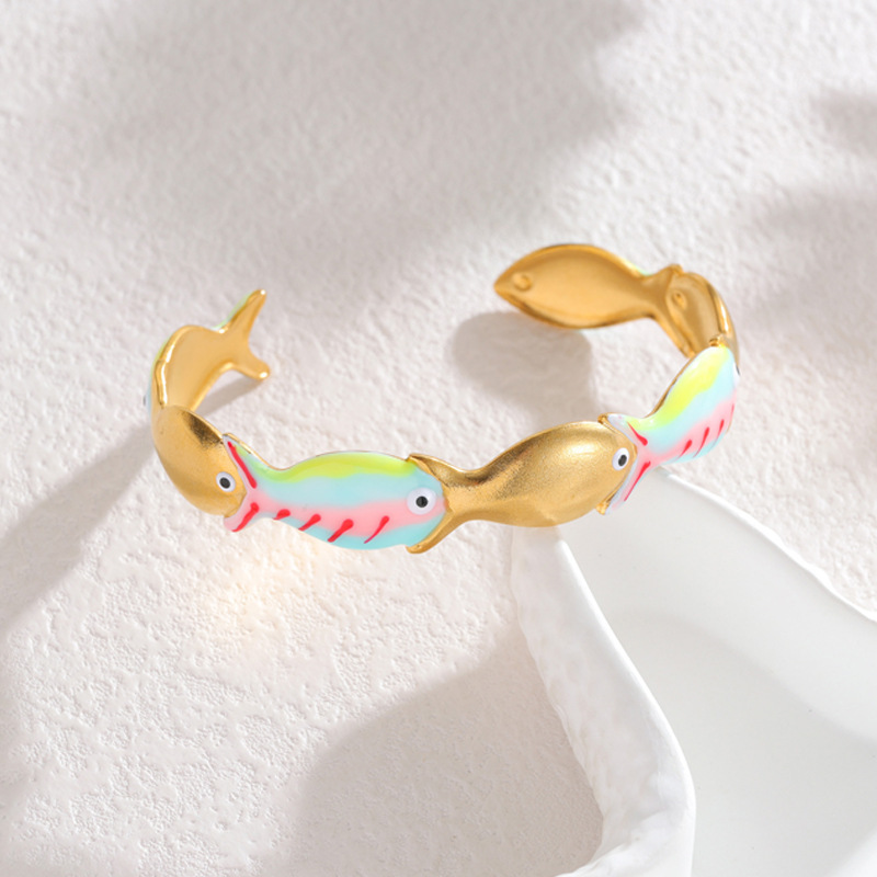 Bracelets Manchettes Pour Femmes En Acier Inoxydable Émaillé, Couleur Or, Style Vacances Océaniques, Motif Poisson 