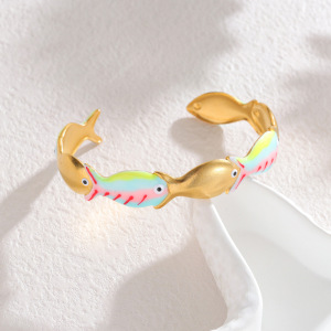 Bracelets Manchettes Pour Femmes En Acier Inoxydable Émaillé, Couleur Or, Style Vacances Océaniques, Motif Poisson h5 