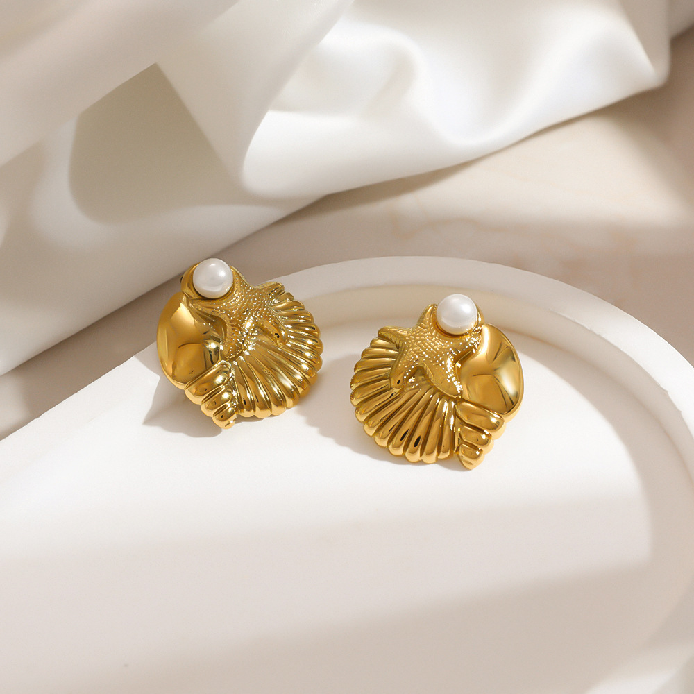 Boucles D'Oreilles Puces Pour Femmes, Style Océan, En Acier Inoxydable, Imperméables, Couleur Or, Avec Perles Artificielles Et Motif Étoile De Mer Image3