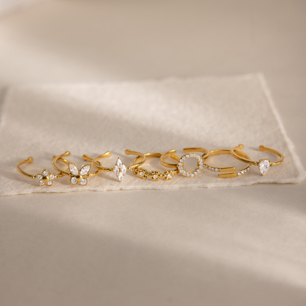 Bagues Pour Femmes En Acier Inoxydable Doré, Ornées De Fleurs Et De Papillons, Avec Zircon Et Pierres Précieuses. Image4