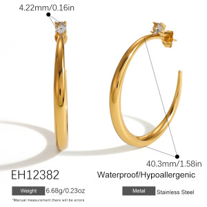 Boucles D'Oreilles Créoles Classiques Pour Femmes, En Acier Inoxydable Étanche, Couleur Or, Ornées De Strass. h5 
