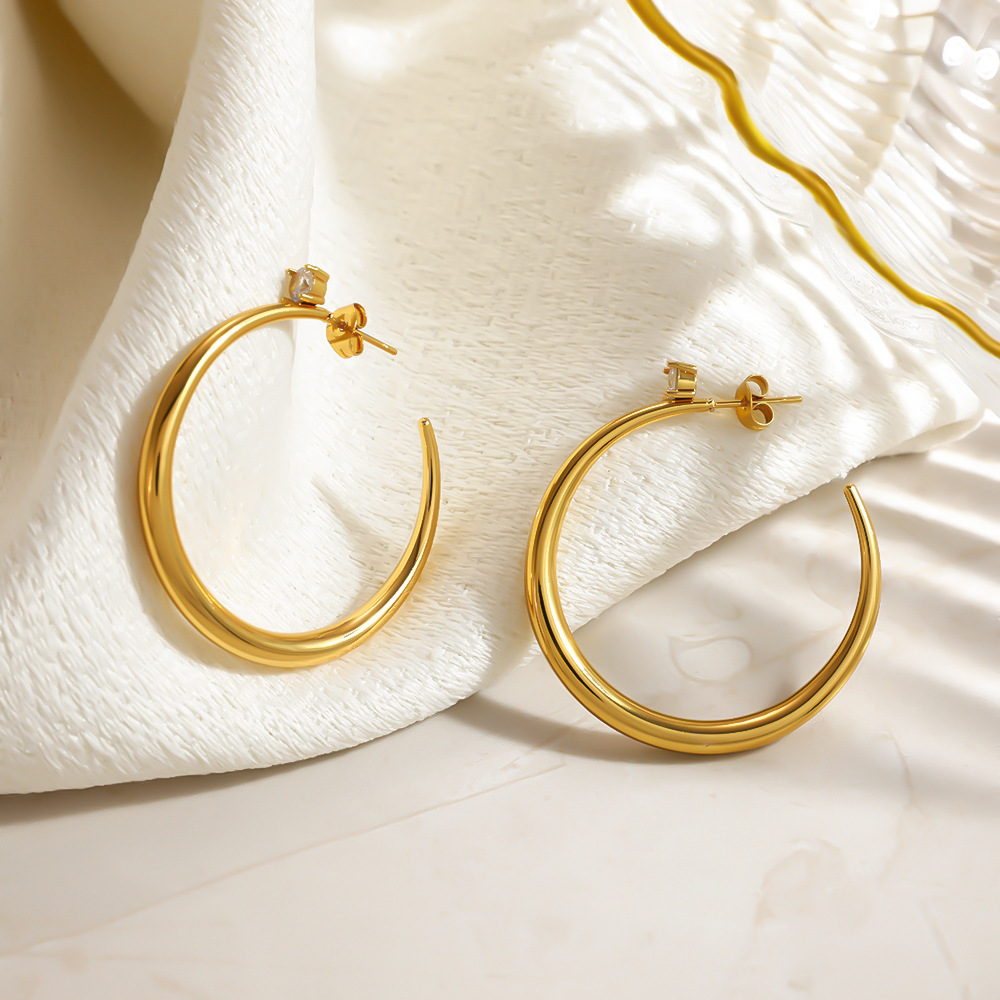 Boucles D'Oreilles Créoles Classiques Pour Femmes, En Acier Inoxydable Étanche, Couleur Or, Ornées De Strass. Image2