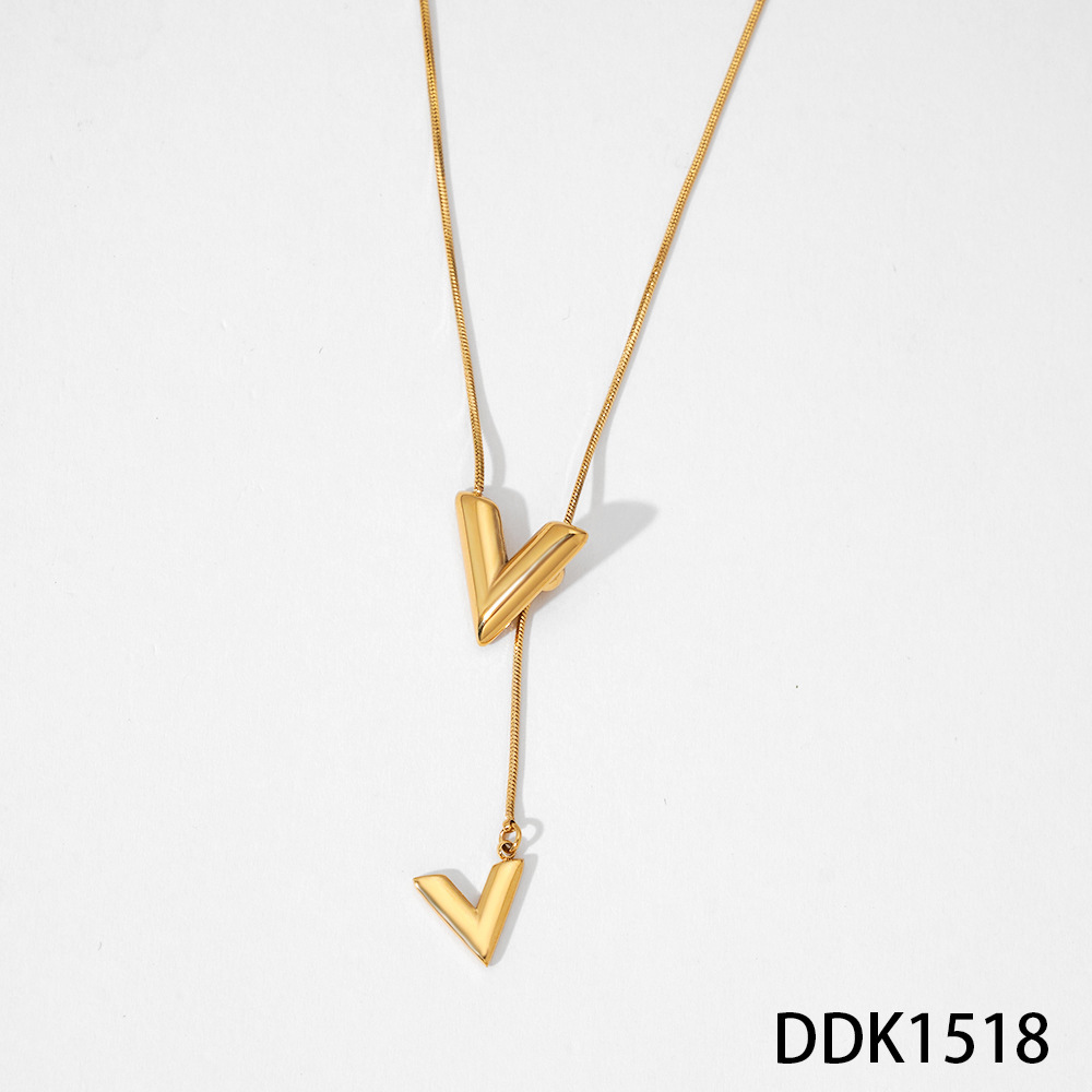 Colliers Pendentifs Pour Femmes En Acier Inoxydable Étanche, Forme Simple En V, Couleur Or 