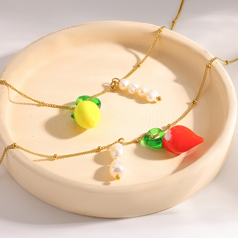 Colliers Pendentifs Pour Femmes En Acier Inoxydable Doré, Imperméables Et Ornés De Perles, Avec Fruits Glacés Image3