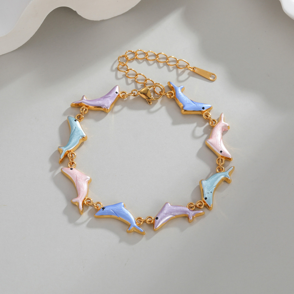 Bracelets À Maillons Pour Femmes, Style Océanique, En Émail, Avec Poisson Et Acier Inoxydable, Étanches. Image3